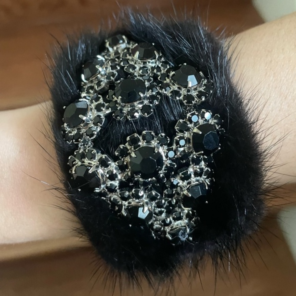 Black Fur Bangle Gem Stone Crystals Adjustable